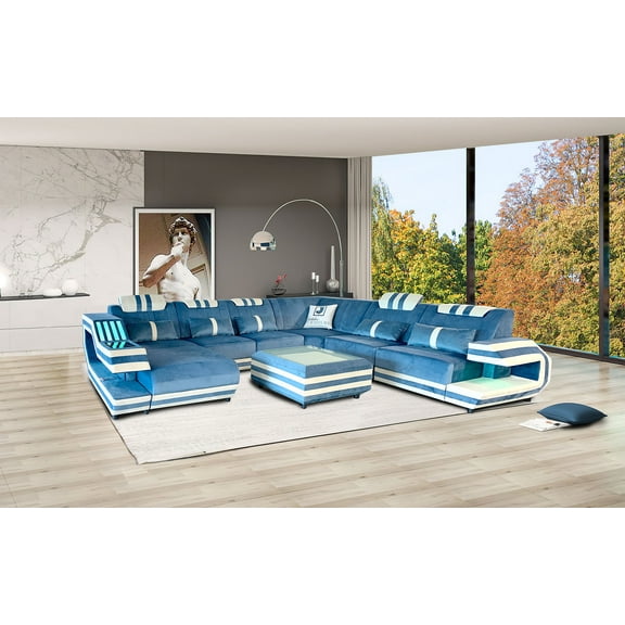 Mofit Home,Celine Leather Sectional with LED Light, Blue White, Adjustable Headrests, Storage Spaces - Fabri - Modern Design