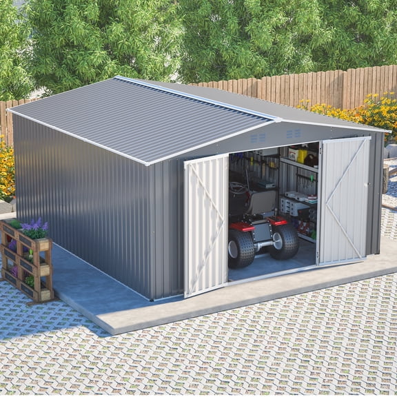 LZBEITEM 12'x14' Outdoor Metal Shed with Floor Frame kit , Updated Frame & Lockable Doors for Backyard, Garden, Lawn, Gray
