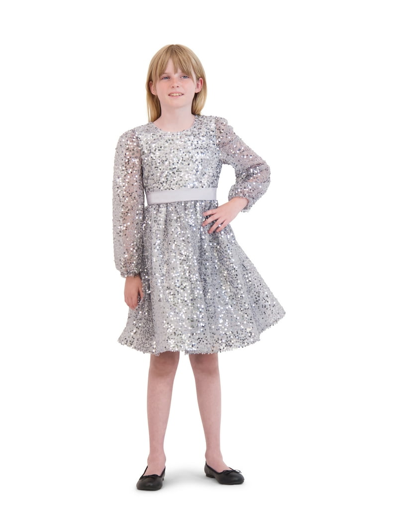 girls silver holiday dress Susanne Lively Girls Holiday Party Dress - V-Back and Bow