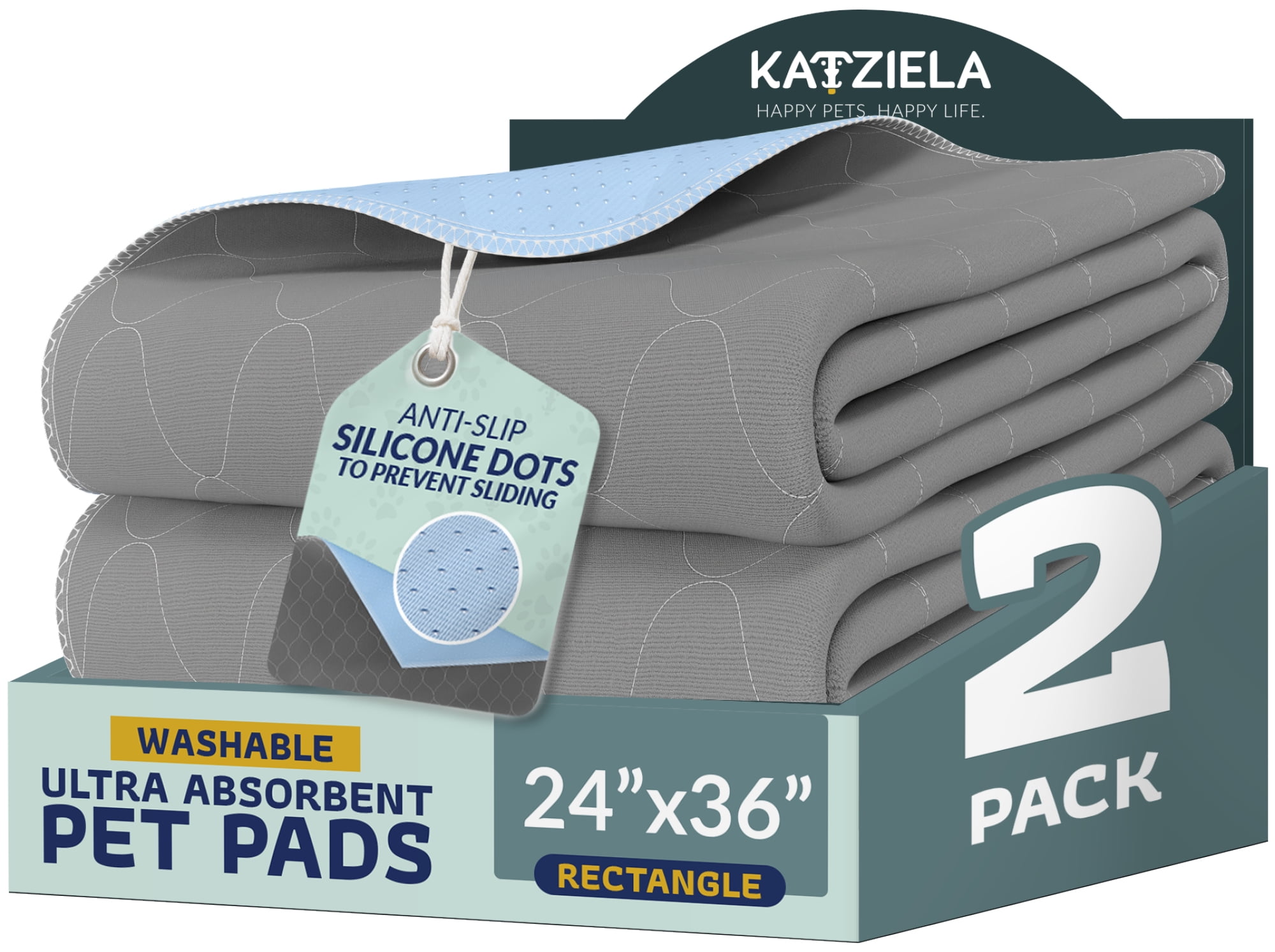 Katziela Quick-Drying Washable Pee Pads for Dogs (2 Pack 24x36 Rectangular) Waterproof Reusable