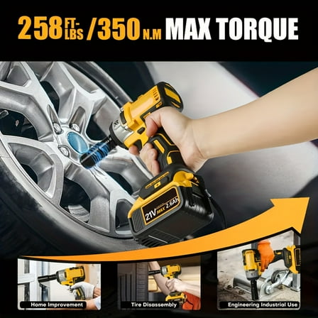 Cordless Impact Wrench 350N.M Max Torque - 21V Brushless 2600RPM Impact Gun, 2.6Ah Fast Charge Battery & 2 Sockets for Car & Home