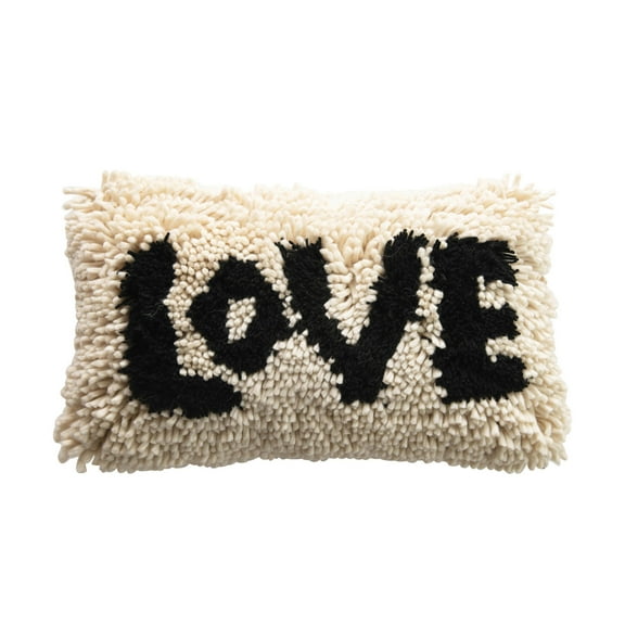 Creative Co-Op Woven Wool Shag Lumbar Pillow with "Love" Design, Black and Cream