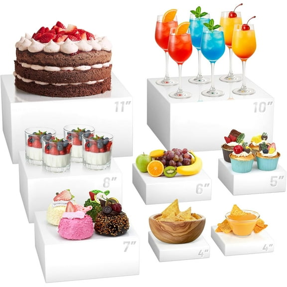 8 Pcs Buffet Food Risers,11*11" Large Acrylic Dessert Cupcake Table Stands White Fruit Display Shelf Catering Supplies Party Jewelry Show Decor Risers Cube Box Nesting with Hollow Bottoms 7 Sizes