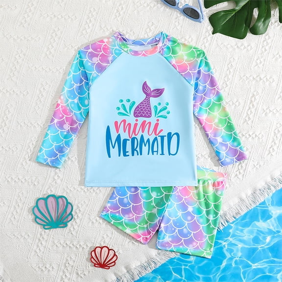 Toddler Swimsuit Girl 2 Piece Long Sleeve Crew Neck Mermaid Print Tops And Swim Shorts for Beachwear Baby Bathing Suit Girl Blue 4Y