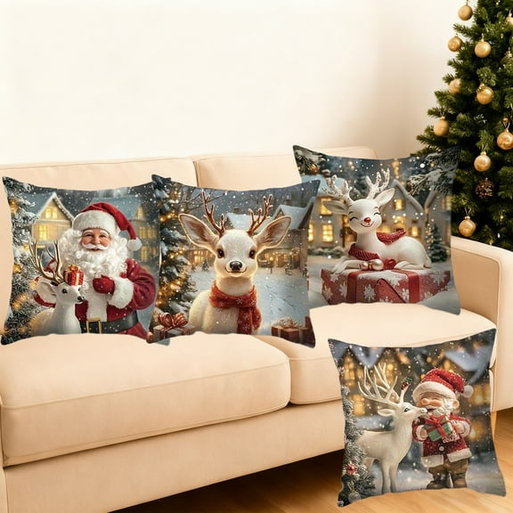 Hometravel Festive 3D Visual Pillow Cover Set, 4-Piece Christmas Pattern Cushion Cases, Sofa Pillow Covers for Living Room, Home, Holiday Decoration