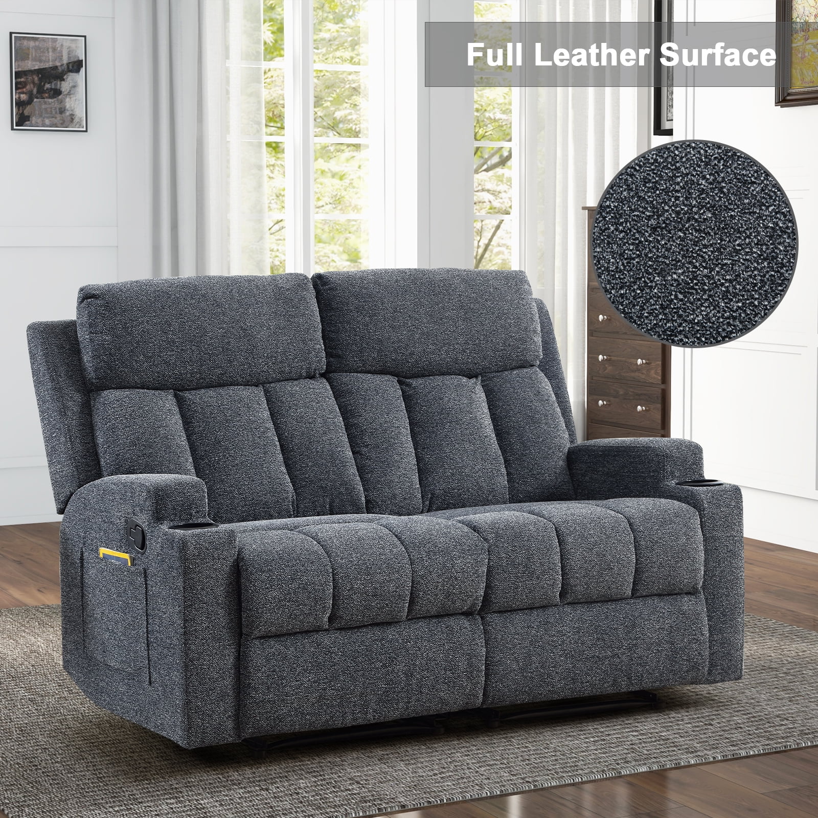 Ebello Manual Recliner Loveseat, Extra Wide Soft Fabric Overstuffed 2-Seat Reclining Sofa with Cup Holders for Living Room & Home Theater, Navy