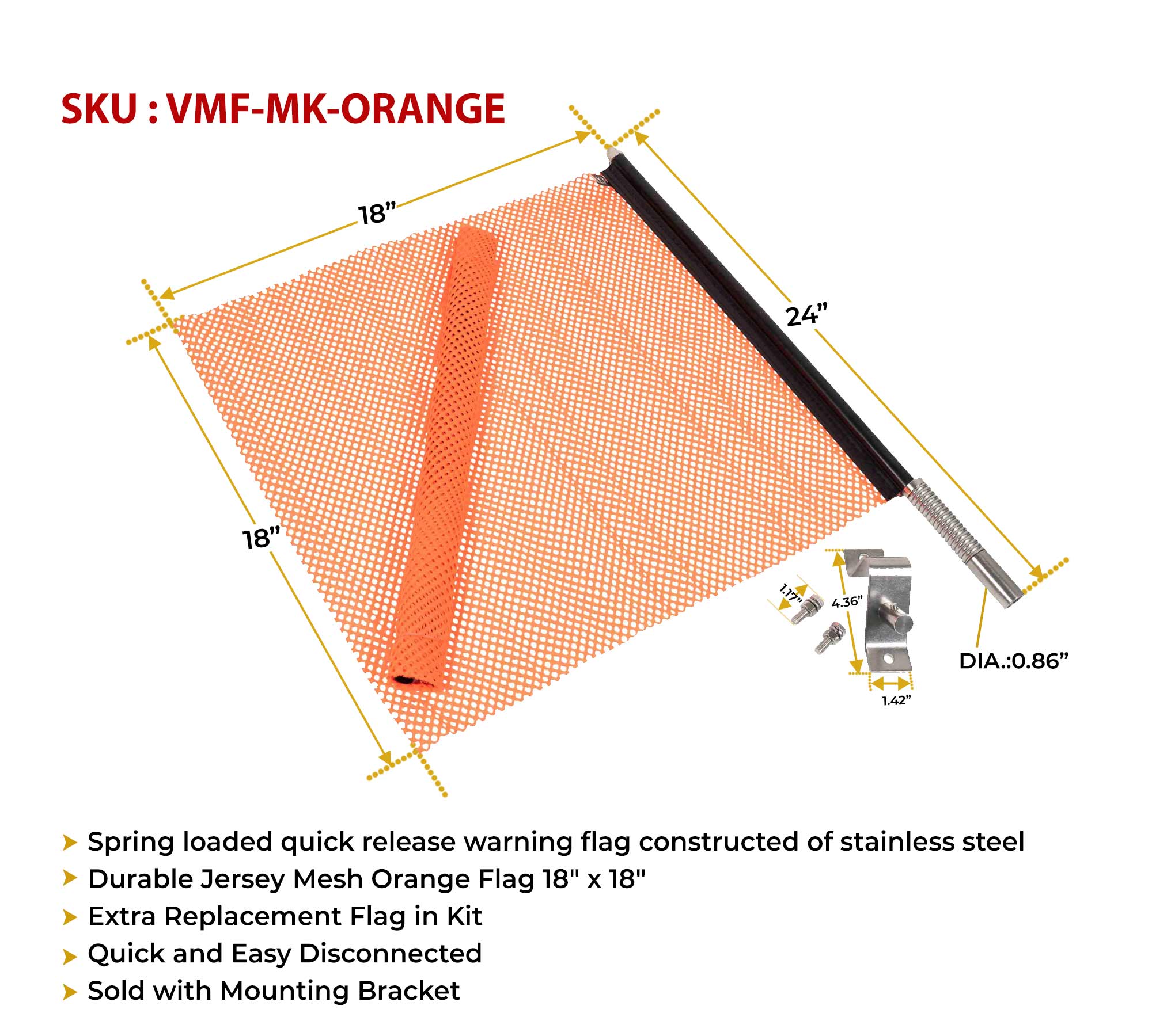 EZ Mount 18" x 18" Jersey Orange Mesh Safety Flag DOT Compliant - (4 Pack)