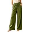 thumbnail image 3 of Women's Cotton Spandex Wide Leg Pants, Elastic Drawstring High Waist, Loose Soft Pockets, Casual Summer Beach Travel Lounge, Flowy Trousers | VerBelle,Army Green L, 3 of 7