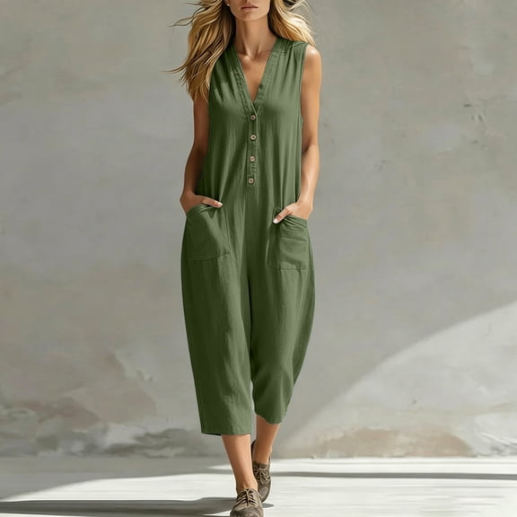 Cutuoiiu Jumpsuit for Women Plus Size Solid Color Sleeveless V Neck Button Capri Rompers with Side Pockets for Summer Daily Wear