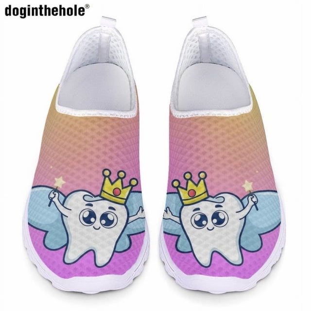 Zapatos planos informales con estampado de dientes de dibujos animados de Doginthehole para mujer, zapatos de malla transpirables y sin cordones, cómodos y livianos para enfermera
