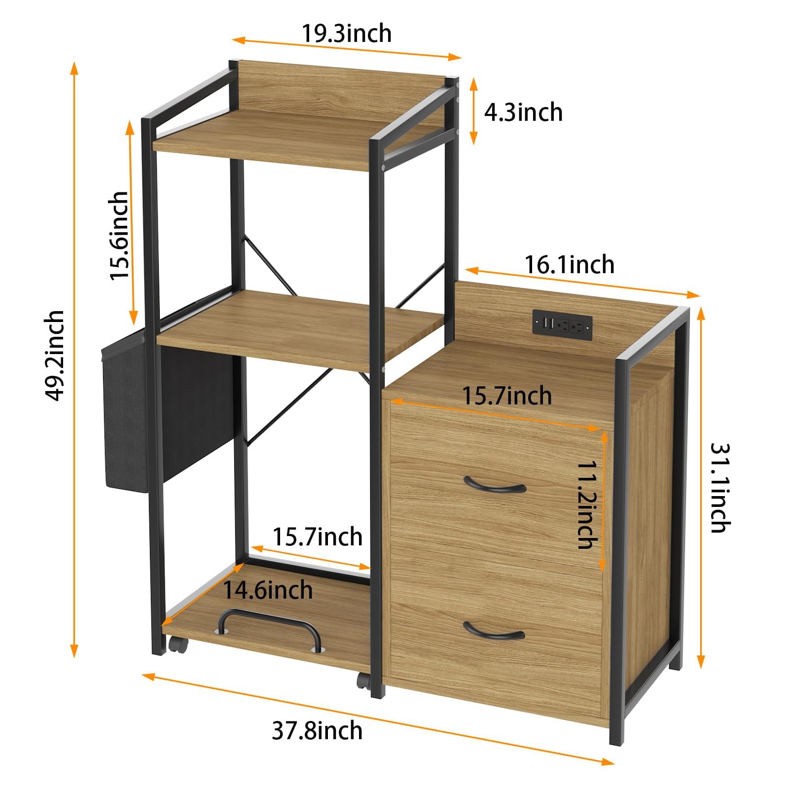Smart Wooden Printer Stand with Built-in Power Strip and LED Lights, Featuring a 2-Drawer File Cabinet and Open Shelf for A4/Letter Size Home Office Organization，Wood