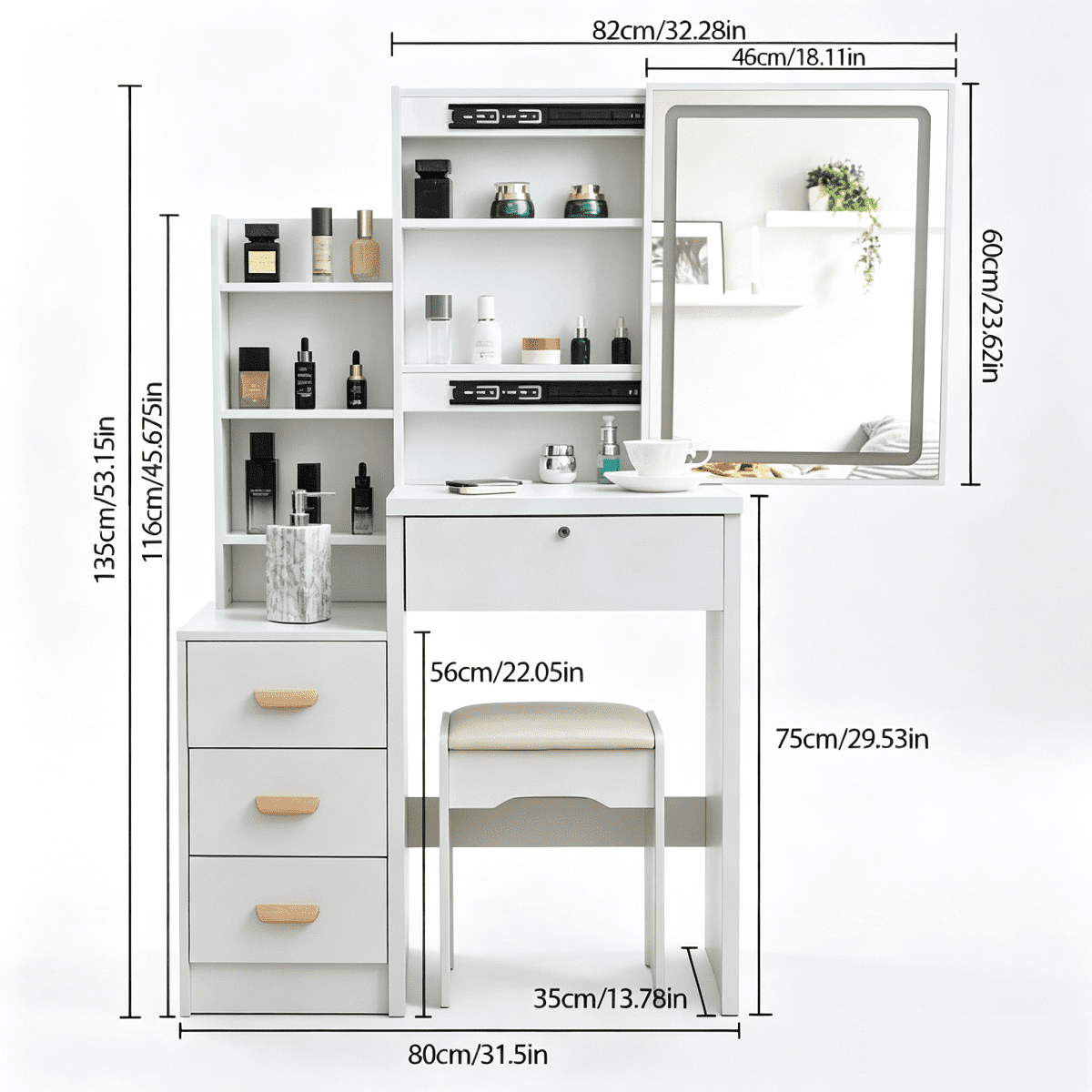 Vanity Table Set includes LED-lit mirror, bedroom makeup table with storage and cushioned stool, Vanity Desk for Women (White)