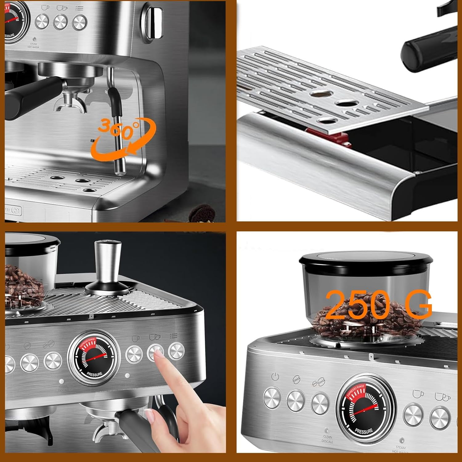 Semi-Automatic Espresso Machine, 20 Bar Coffee Maker with 30 Grinding Setting, Espresso Maker with Grinder