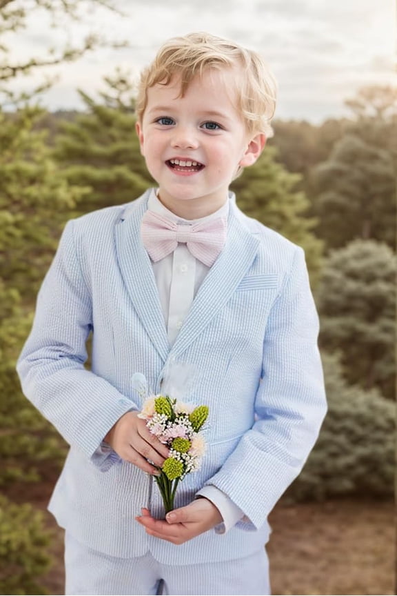 Summer Boys Seersucker Suit Kids Formal Slim Tuxedo Suits for Teen Beach Prom Graduate Party Wedding Single Breasted Pocket design Jacket Adjustable waist Pants Set