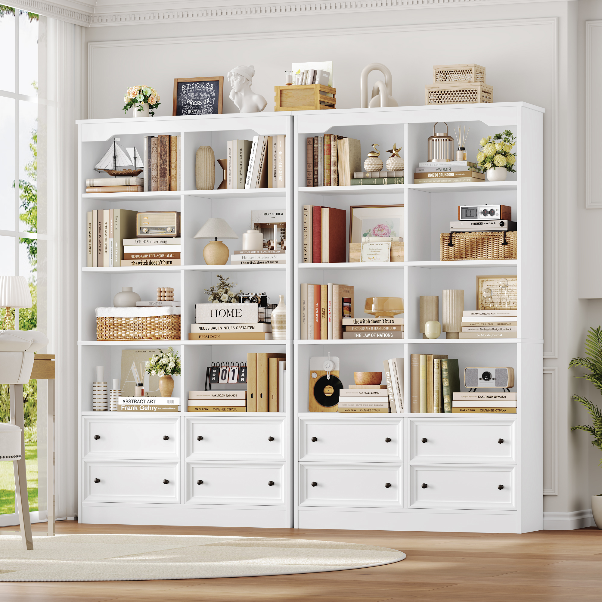 Homfa Double Row 6-Tier Bookcase with Drawers, 71 Inch, White photo 4