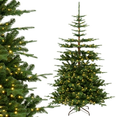 Topbuy 7 FT Artificial Pre-lit Christmas Tree Hinged Xmas Fir Tree with 1303 Branch Tips 500 Warm White LED Lights