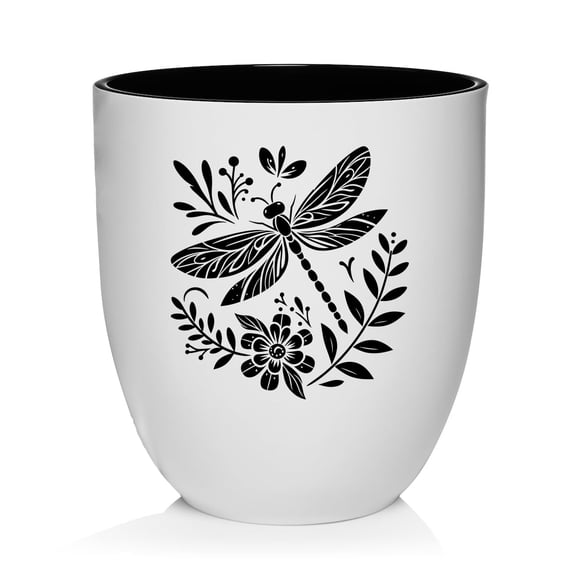 Ceramic Planter Plant Pot with Plastic Liner Gift Stylized Dragonfly (White)