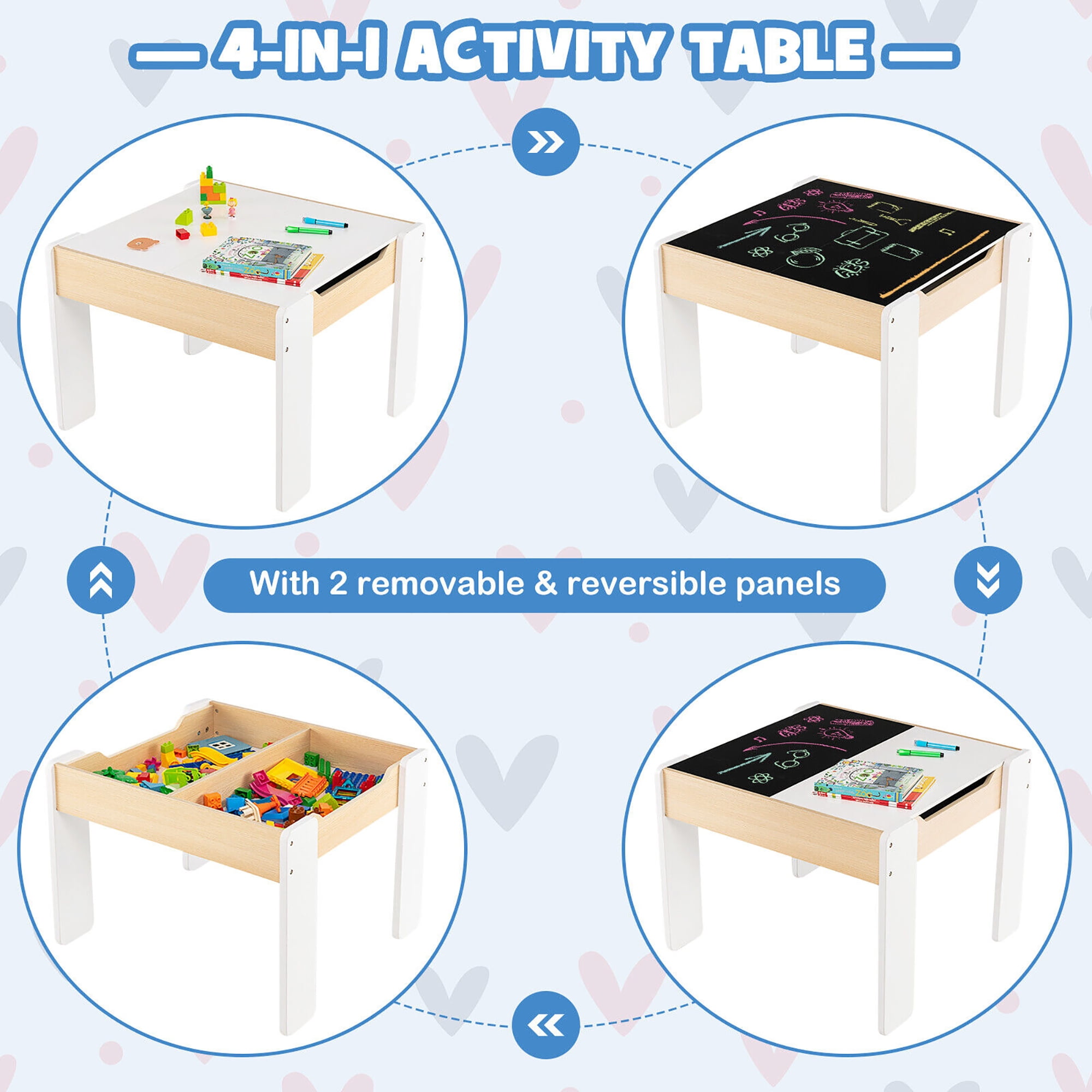 Gymax 4-in-1 Kids Wooden Table & 2 Chairs Set w/ Storage Detachable Blackboard Drawing