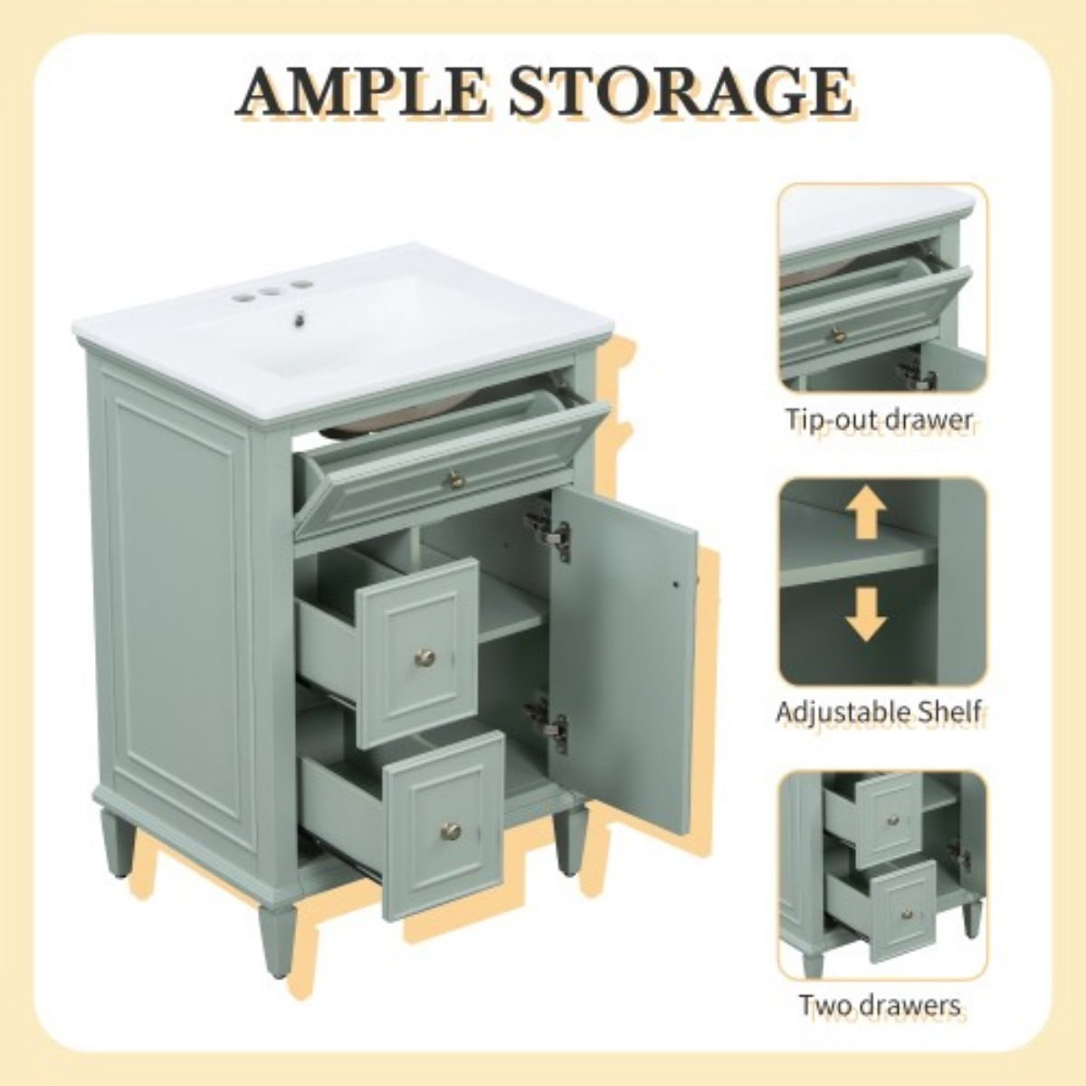 24" Bathroom Vanity with Sink, Modern Bathroom Vanity Cabinet with Flip Drawer, 2 Drawers, Adjustable Shelf, Solid Wood & MDF, Green