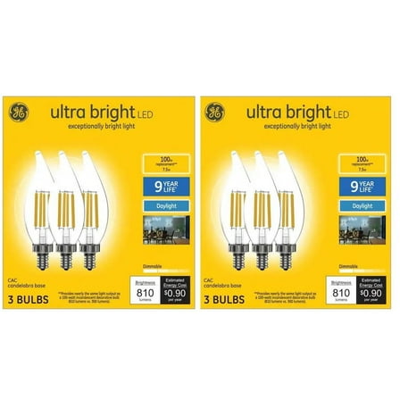 (6 bulbs) GE ultra bright LED 100 watt equivalent CA12 Daylight Dimmable Decorative Candle Light Bulb