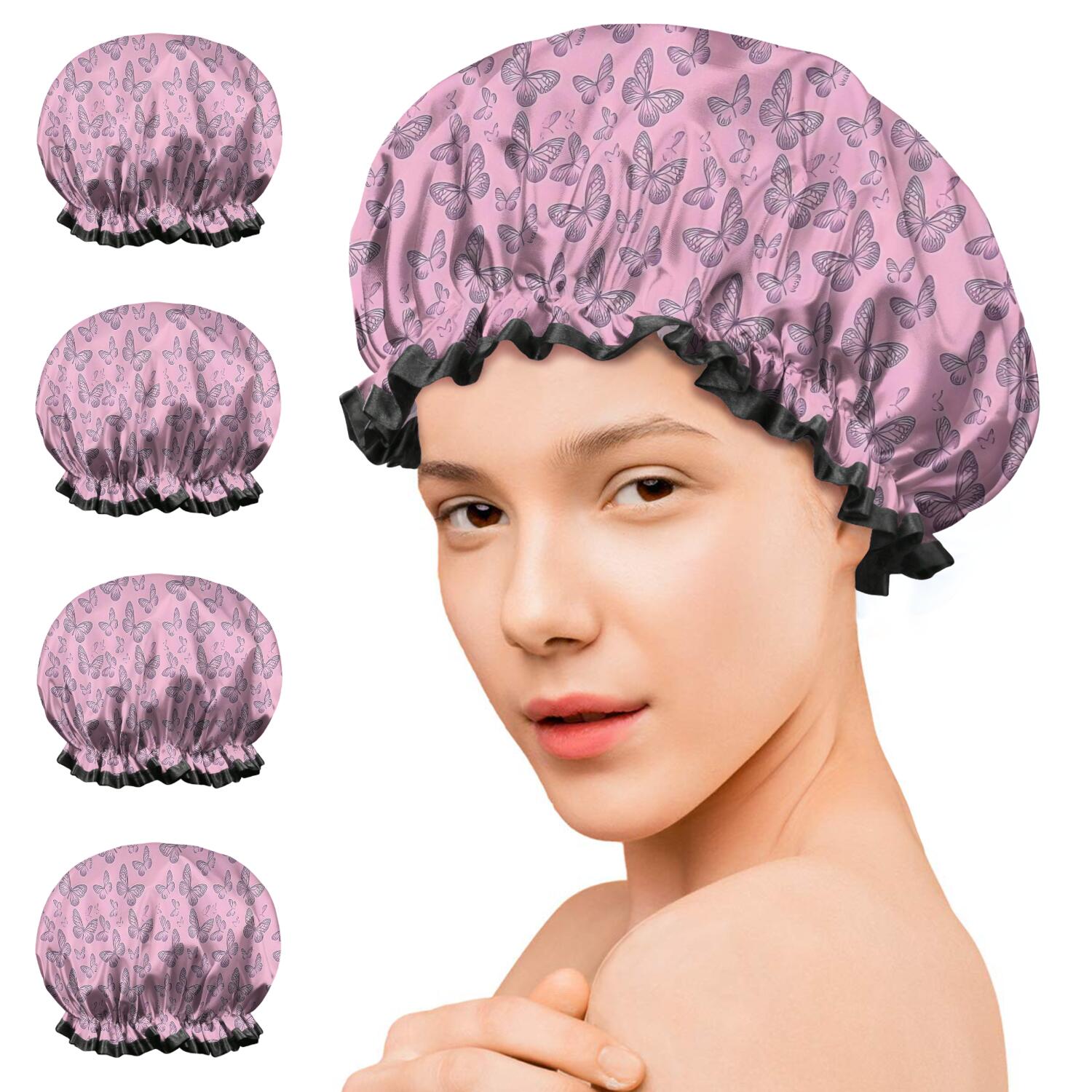 Shower Caps,Pink Butterfly Pattern Waterproof Shower Cap for Women 4 Pieces,Double Reusable Hair Cover for Shower PEVA Elastic Stretch Hem