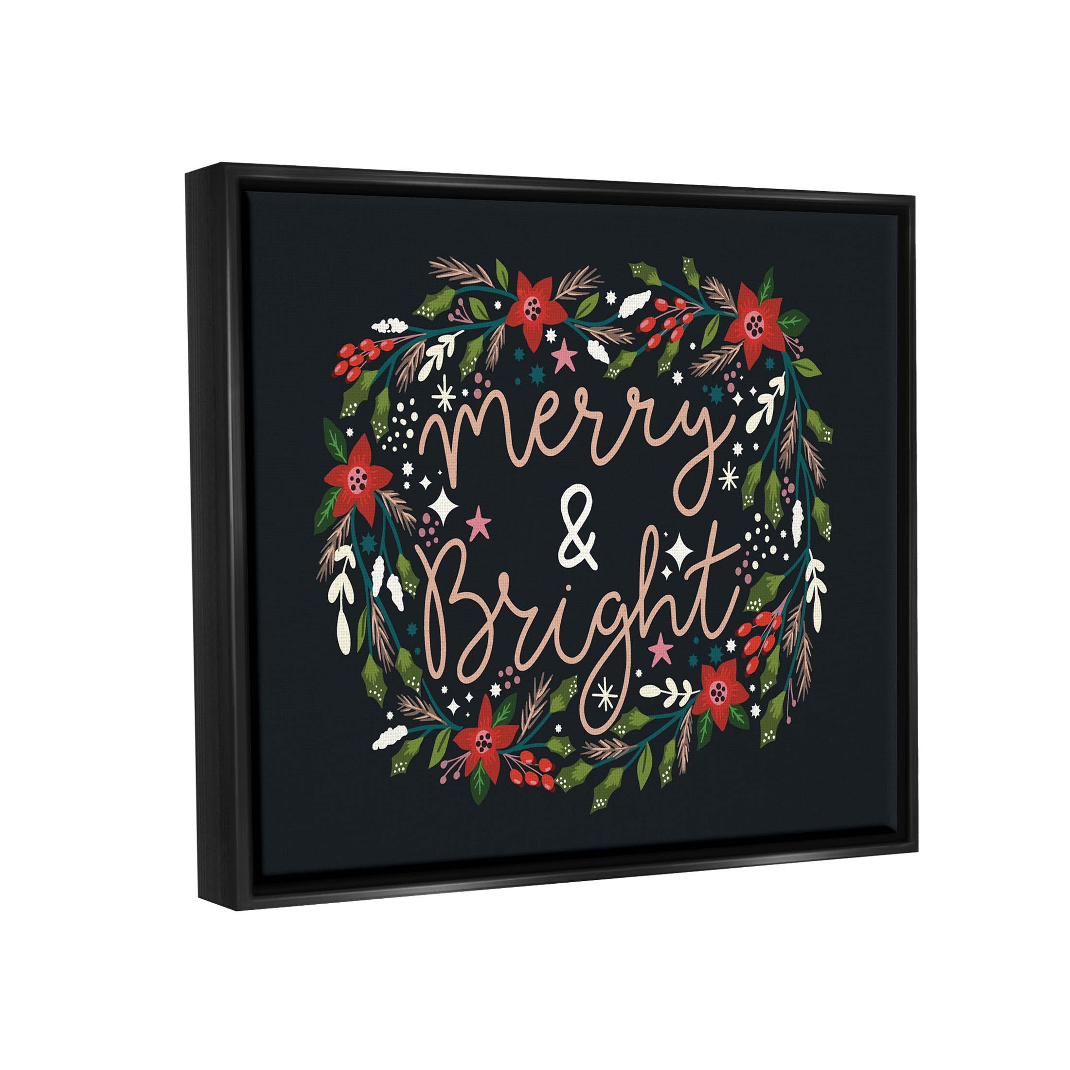 Merry & Bright Poinsettia Wreath Holiday Graphic Art Jet Black Framed Art Print Wall Art