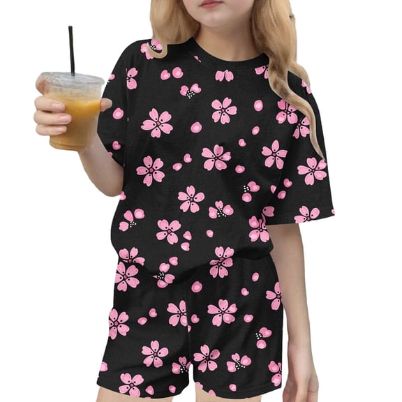 Edvintorg Girls Outfits Sets Floral Graphic Short Sleeve Loose Casual Tops and Boyshorts Clothes for Kids Size 3-15