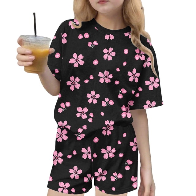 Robe d'Été à Manches Robe d'Été pour Enfants Imprimée Décontractée Col Rond Manches Courtes Haut et Short Ensemble Deux Pièces pour Enfants Ensemble d'Été Mignon