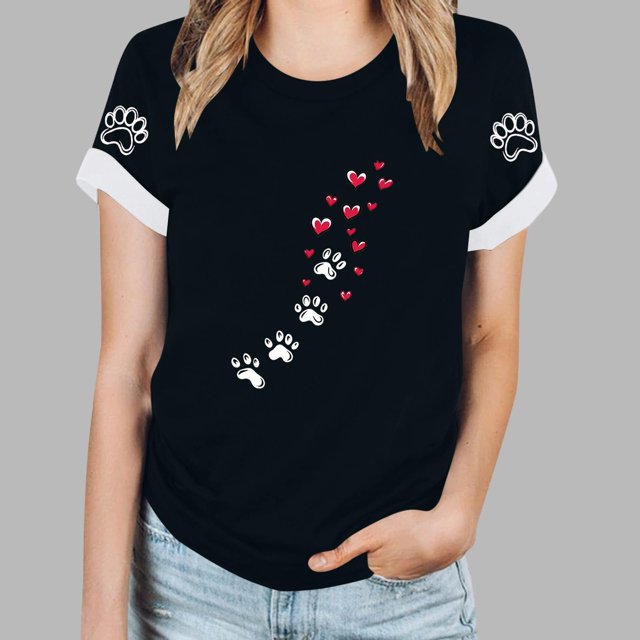 Soki T-Shirt d'Été à Manches Courtes pour Femmes avec Imprimé Patte de Chien et Cœur