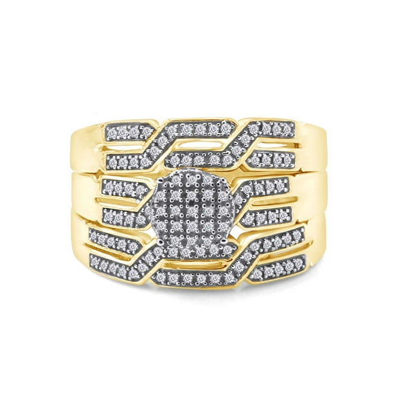 AFFY White Natural Diamond Wedding & Engagement Trio Band Ring Set In 14k Yellow Gold Over Sterling Silver (0.25 Cttw)