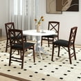 thumbnail image 2 of Exdeerjoy 4-Person Dining Table, Wooden Kitchen Table With Solid Rubber Wood Frame, Curved Trestle Legs, Rustic Style Round Table, 2 of 7