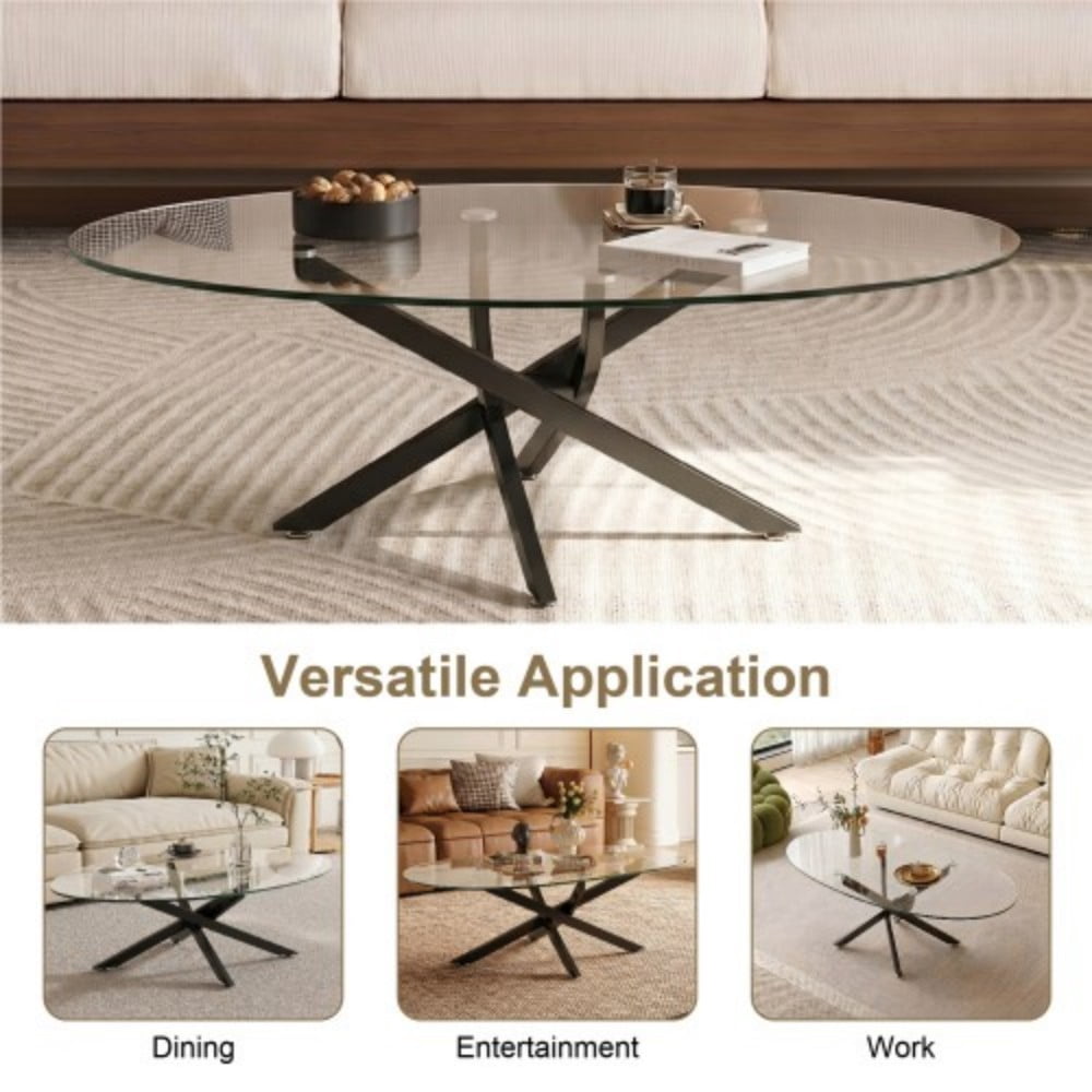 Oval Coffee Table, 39.37" Tempered Glass Top with Black Cross Legs, Modern Side Table, Tea Table for Living Room, Apartment, Cafe