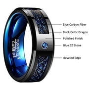 8mm Mens Black Blue Tungsten Rings Wedding Band with Celtic Dragon and Cubic Zirconia Inlay