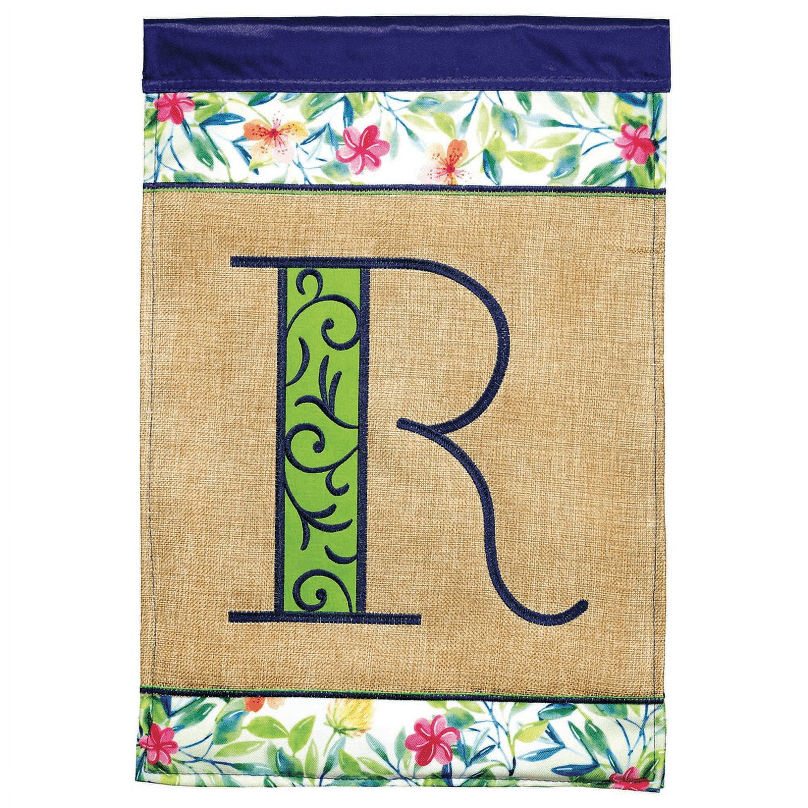 Magnolia Gardens M030087 13 x 18 in. Double Applique Monogram R Spring Burlap & Print Garden Flag