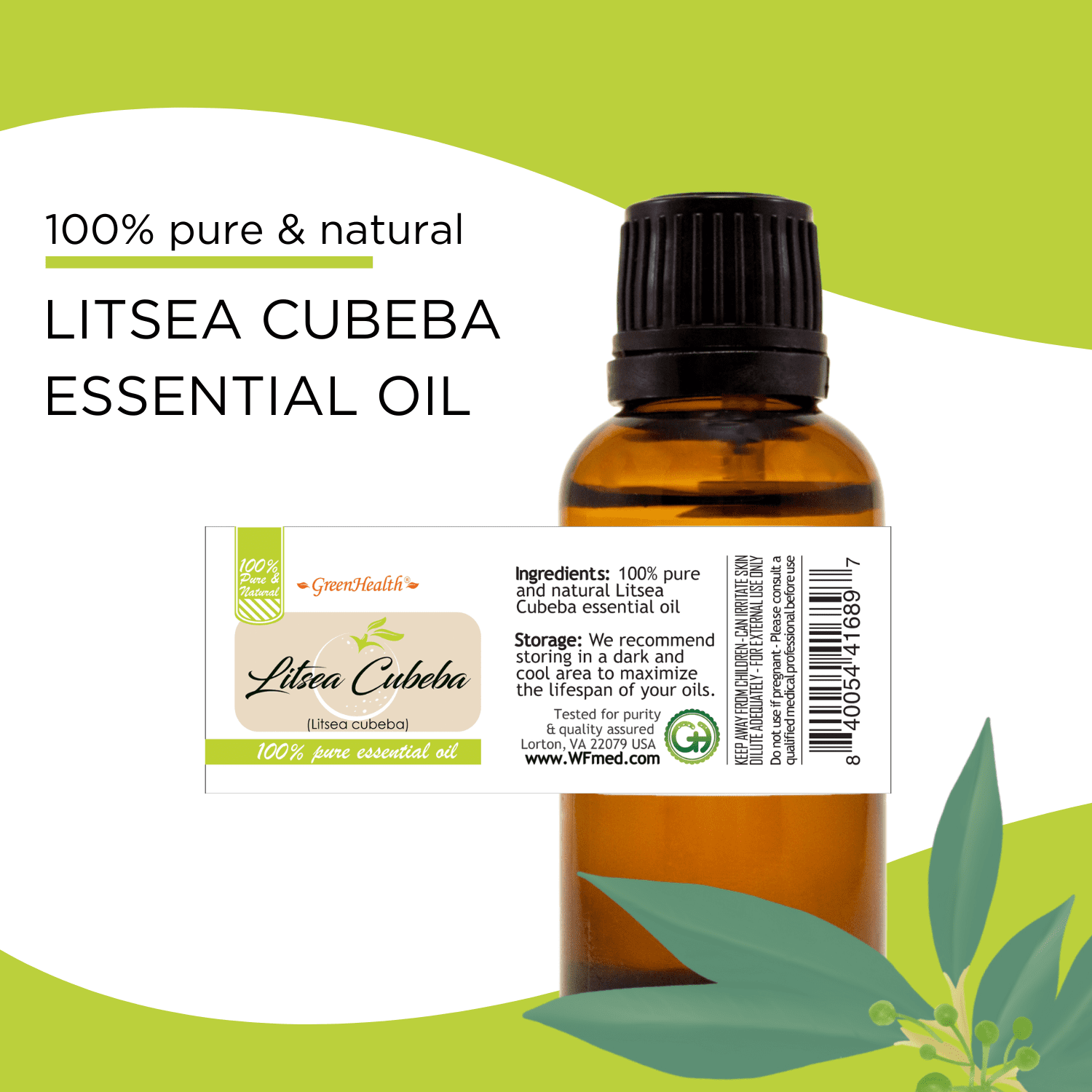 GreenHealth Litsea Cubeba Essential Oil 4 fl oz Glass Bottle with Glass Dropper