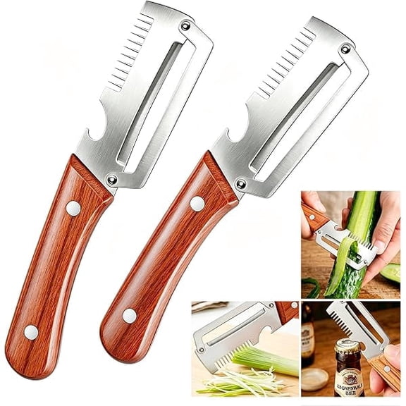 Elite Peeler Knife & Vegetable Shredder,3 in 1 Stainless Steel Peeler with Wooden Handle and Bottle Opener Fruit Peeler Knife Scallion Shredder,Smooth-Run Wooden Kitchen Tool(2 pcs)
