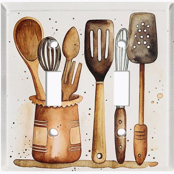 Metal Light Switch Wall Plate Outlet Cover (Printed Image of Rustic Kitchen Utensils - Double Toggle)