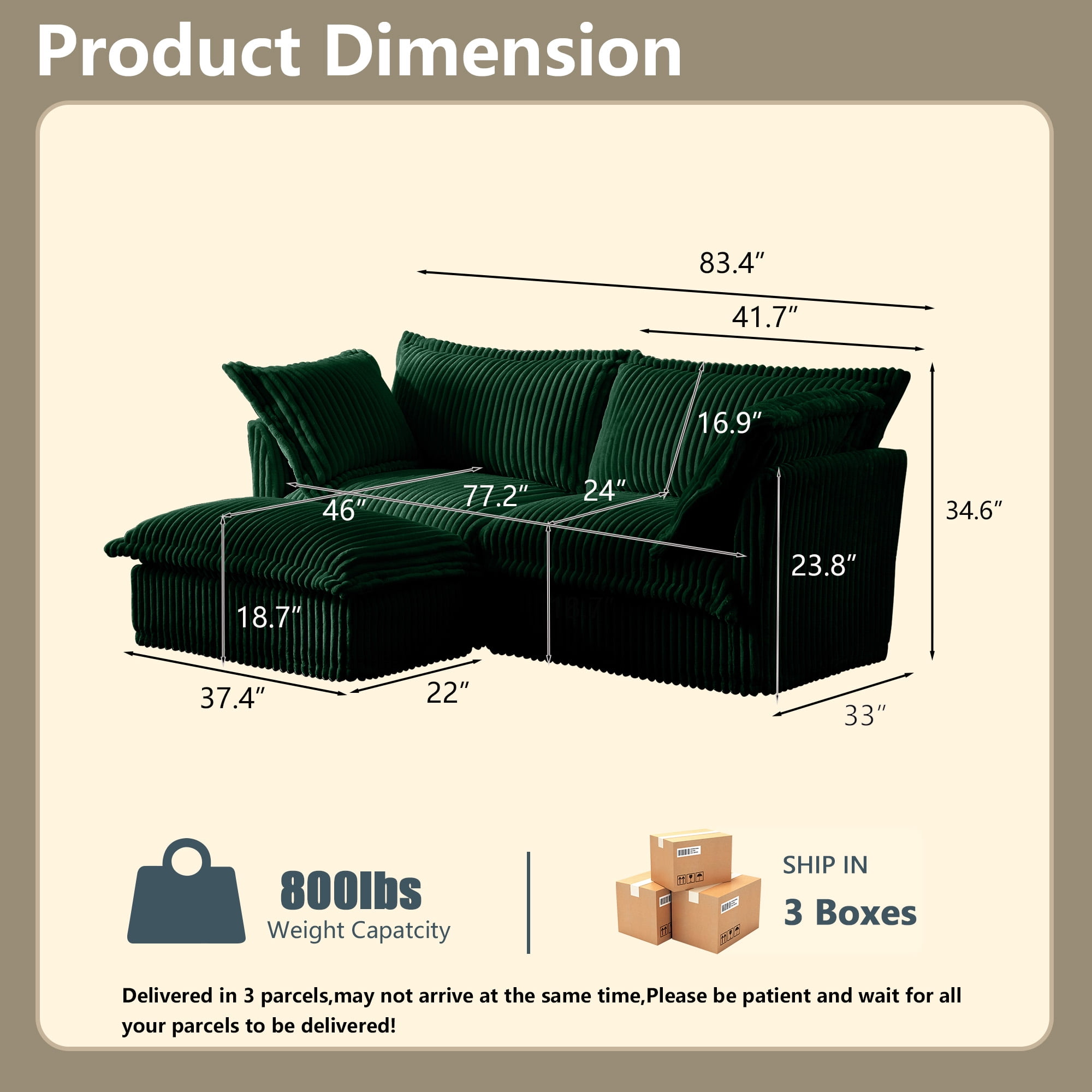 83.4"Corduroy Loveseat Sofa with Ottoman, Oversized 2-Seater Chaise Lounge for Living Room