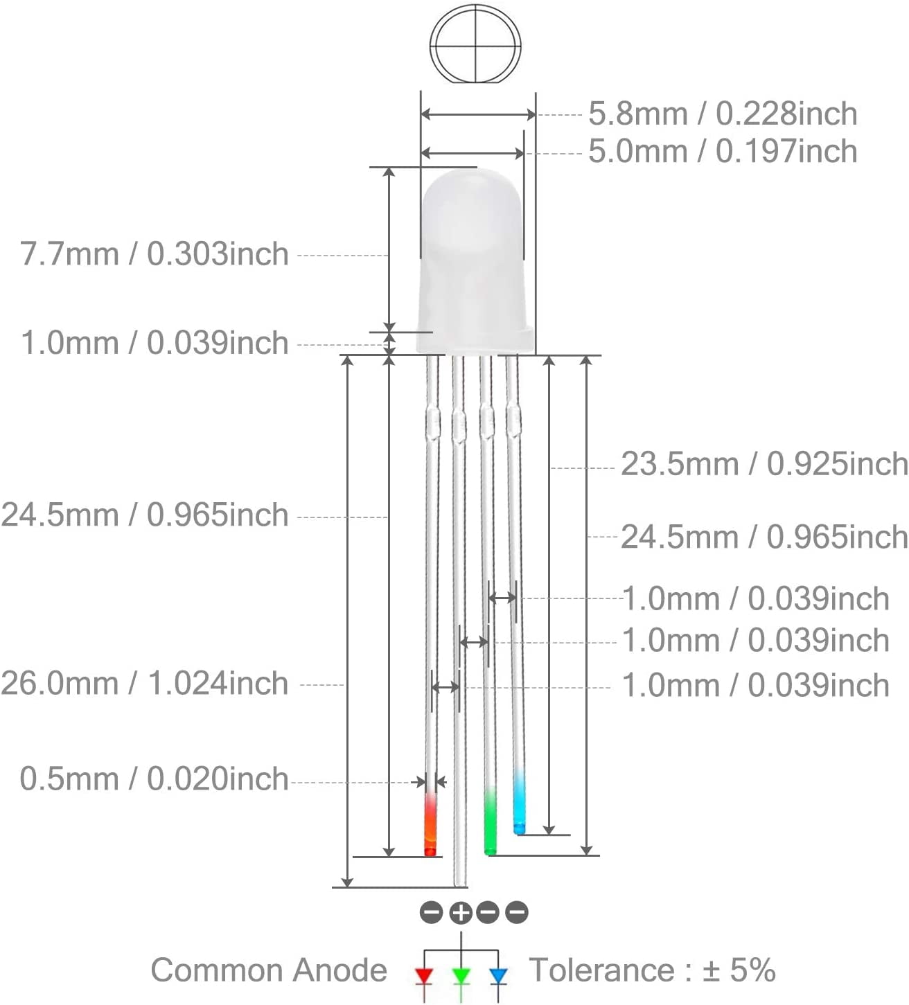100pcs 5 Color Diffused Diode Lights, Common Anode (Matte Round Tricolor) 4 Pin, High Brightness, Lighting Bulb Electronic Components Indicator Light LED