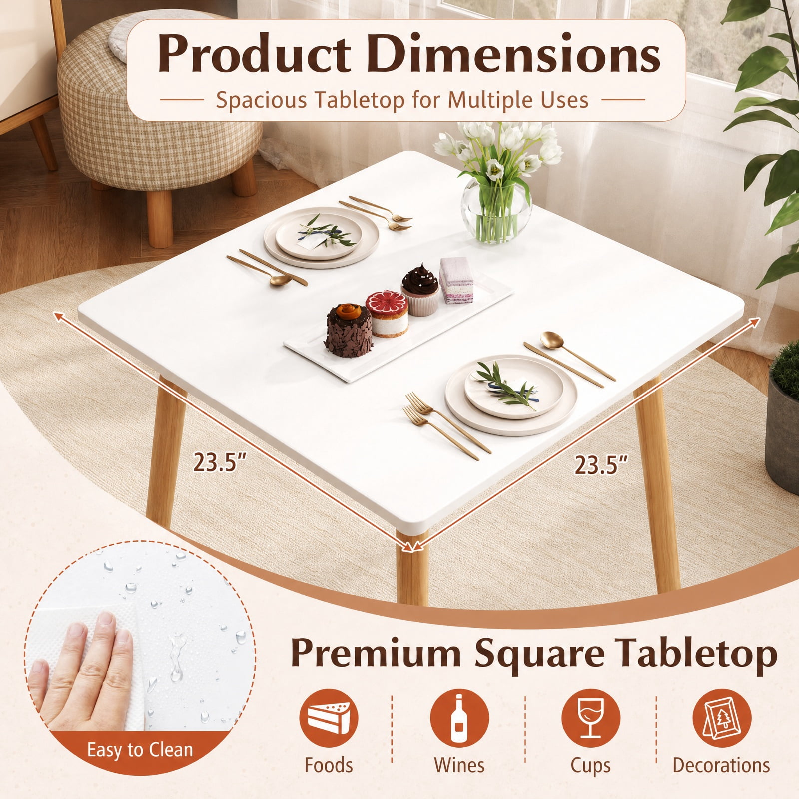 Furnibear Square Dining Table with Adjustable Foot Pads and X Shaped Structure for Small Dining Room and Kitchen Spaces, White