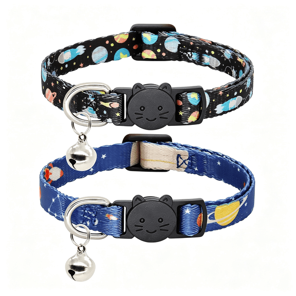 GASTROPOD Cat Collar,2 Pack Breakaway Collar with Bells,Safety Buckle Kitten Collars for Boy and Girl Cats,Star and Moon Kitten Collar with Bell