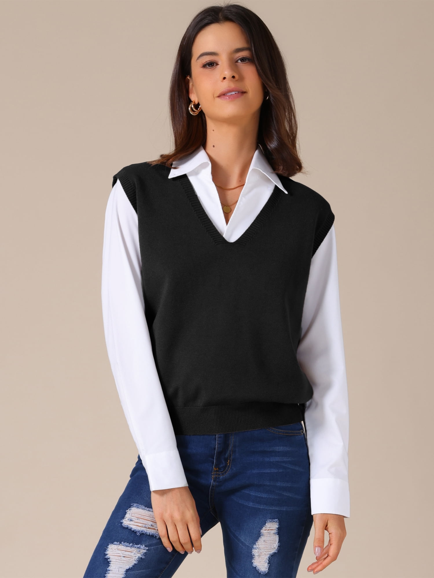 DARING DIVA Women's Uniform V Neck Knit Sleeveless Sweater Tank Tops S Black