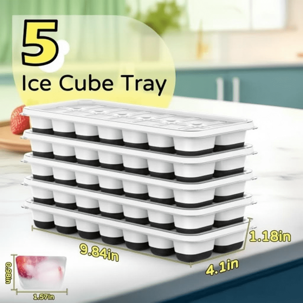 Stackable Silicone Ice Cube Trays with Lid, 5-Pack Reusable BPA-Free Rectangular Ice Cube Mold Set for Easy Release Cocktails, Coffee, Whiskey and Other Drinks in Black