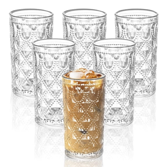 Vintage Diamond-Pattern Drinking Glasses Set of 6 – 14 oz Clear Highball Glass Cups – Embossed Retro Glassware for Water, Cocktails, Juice, Milk – Durable Thick Glass, Dishwasher Safe