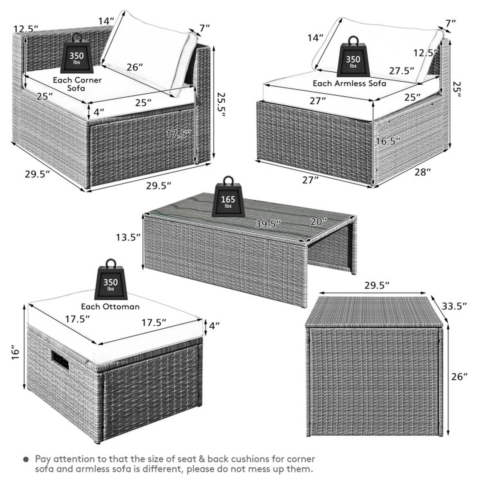 Furnibear 8 Piece Patio Rattan Furniture Set Outdoor Wicker Sectional Conversation Set with Storage Waterproof Cover Cushions and Glass Table, Red