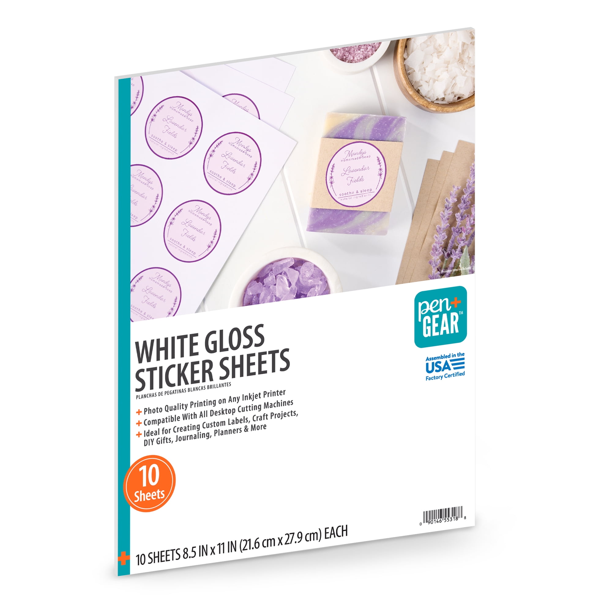 Pen+Gear Gloss Sticker Paper, 10 Sheets, White, 8.5" x 11"