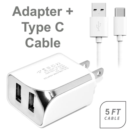 Universal 2 In 1 Dual USB Ports Travel Charger Adapter With 5 Ft Type-C USB Cable White