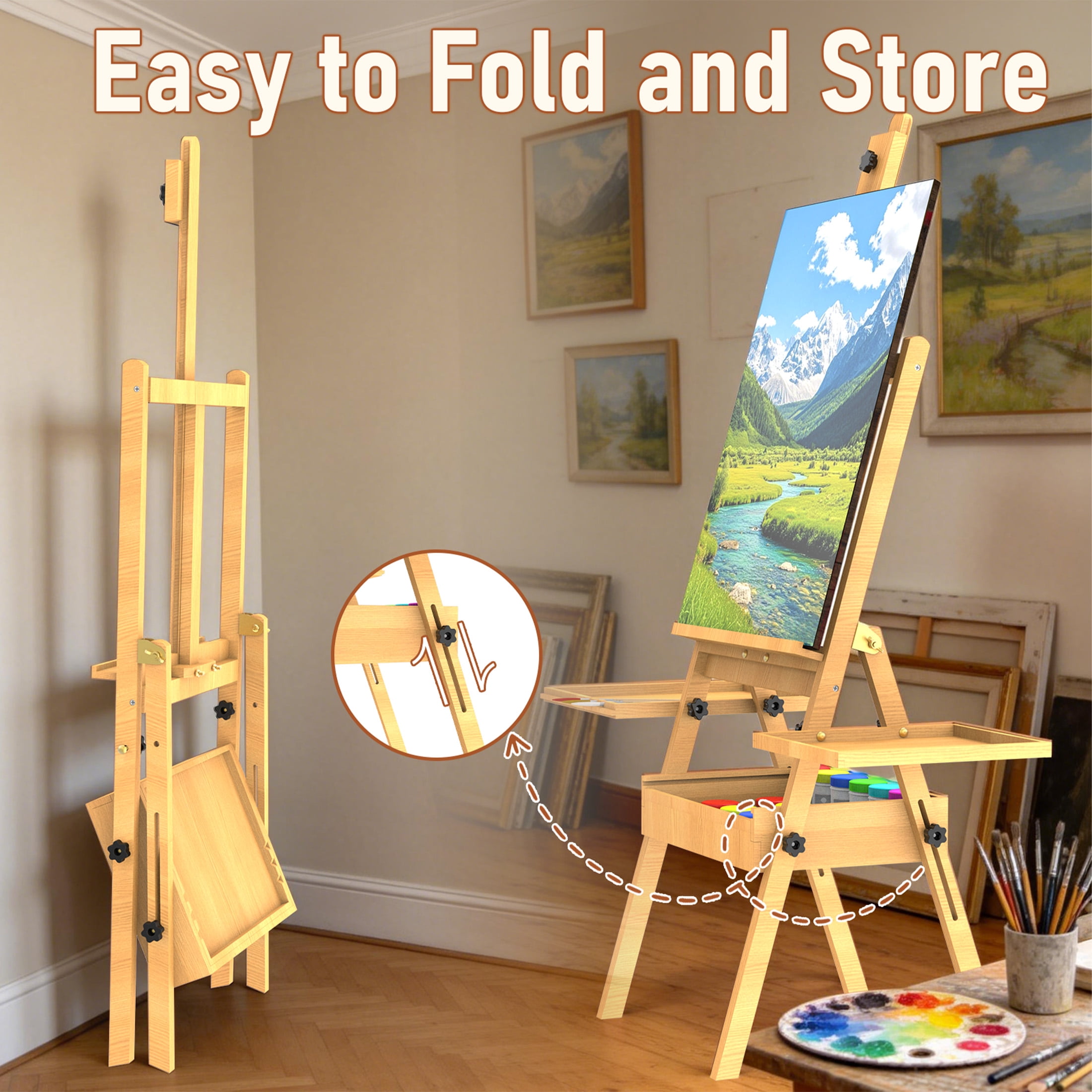 Yacona Art Easel for Painting, Wooden Easel for Adults, H-Frame with Storage Drawer, Natural Style