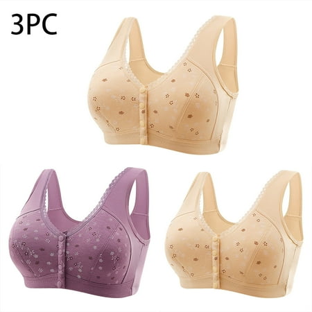 OWMEOT 3 Pack Plus Size Daisy Bras for Older Lady Front Close Wireless Wide Back Bra