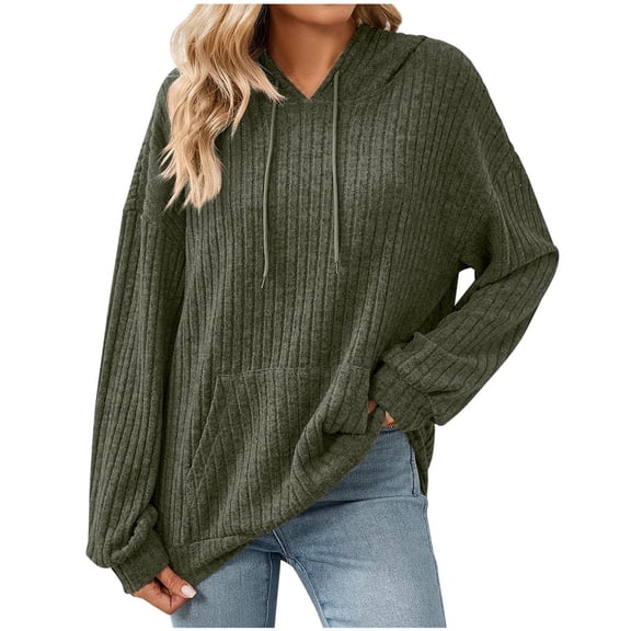 Ecqkame Womens Casual Hoodies Trendy Solid Color Knit Sweatshirt Cute Pullover Drawstring Sweatshirts with Pockets Army Green XL